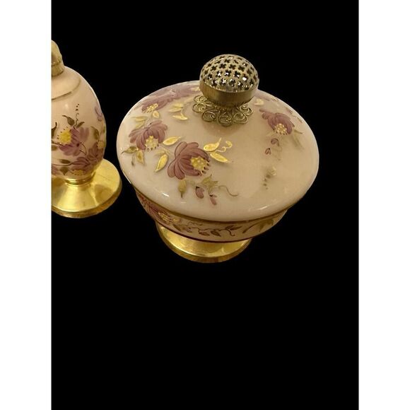 Vintage Satin Glass Vanity Set with Hand Painted Floral Design and Gold Trim - Picture 4 of 8